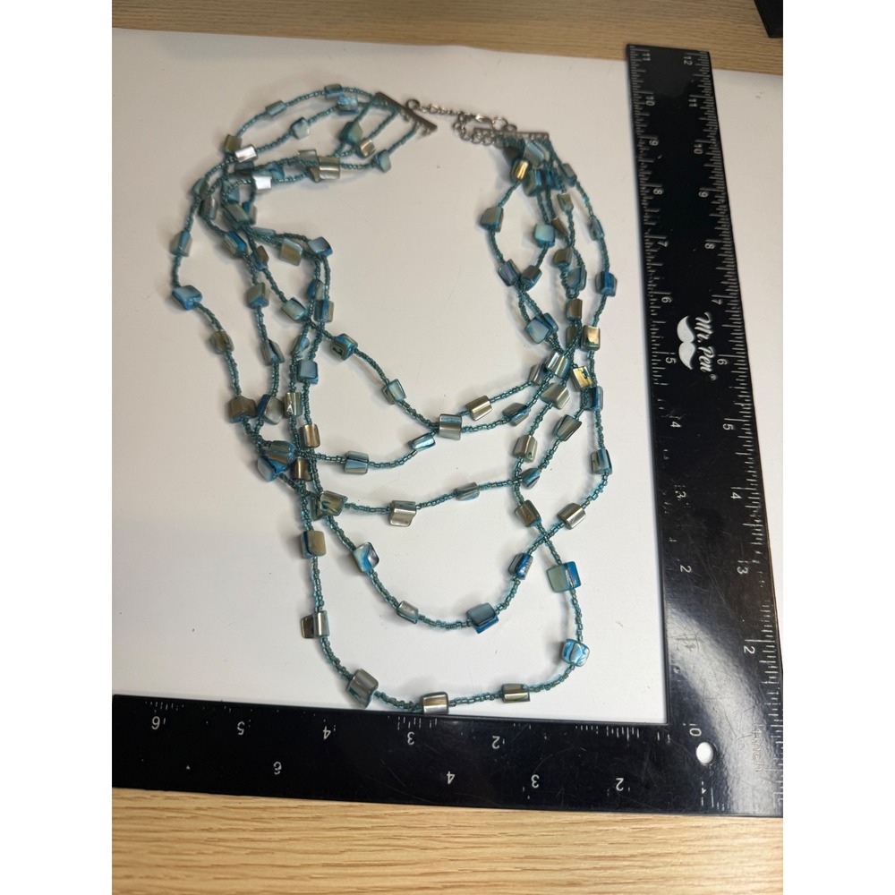 Multi Strand Blue Iridescent Shell Square Bead Layered Necklace Silver Tone
